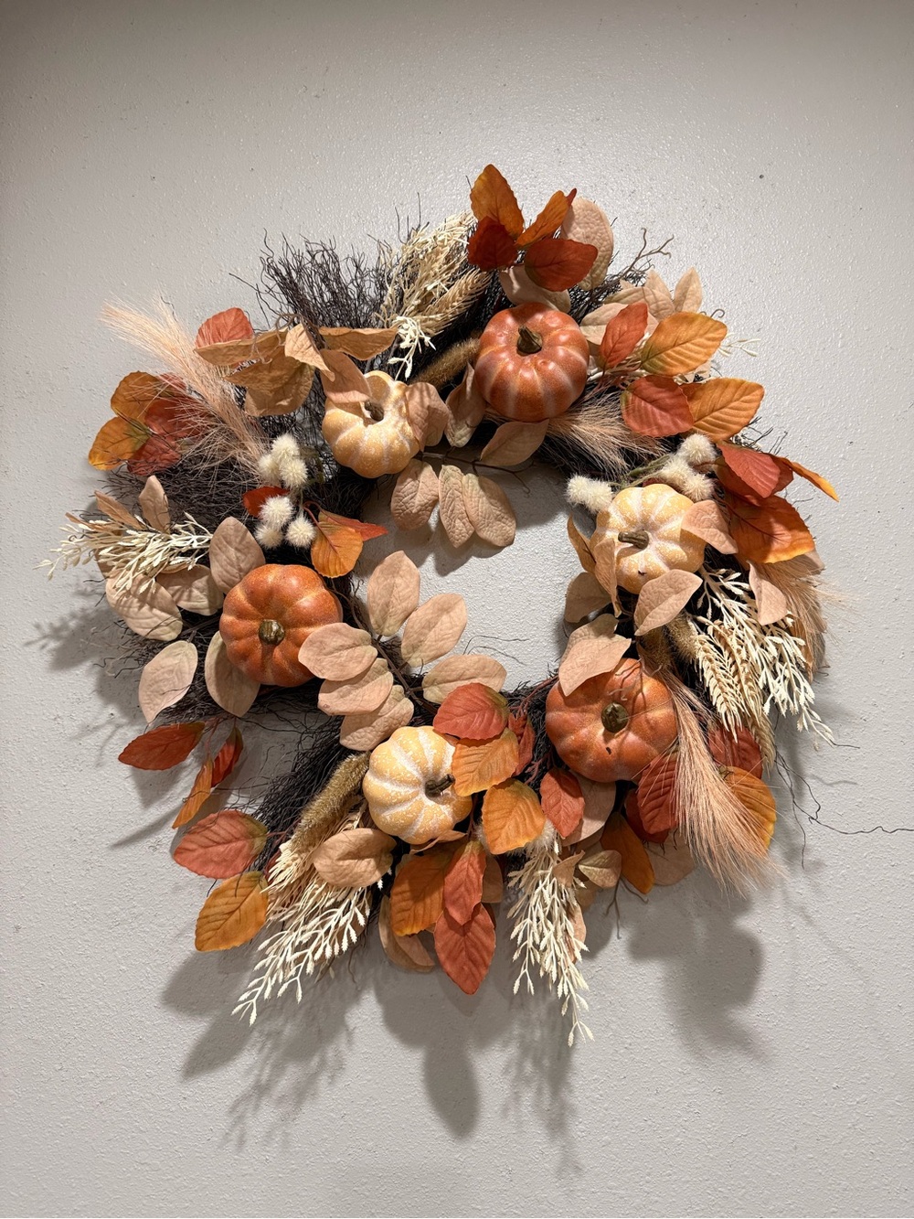 Set of 2 Autumn Harvest Pumpkin Wreath & Cross Decor in Orange & Beige
